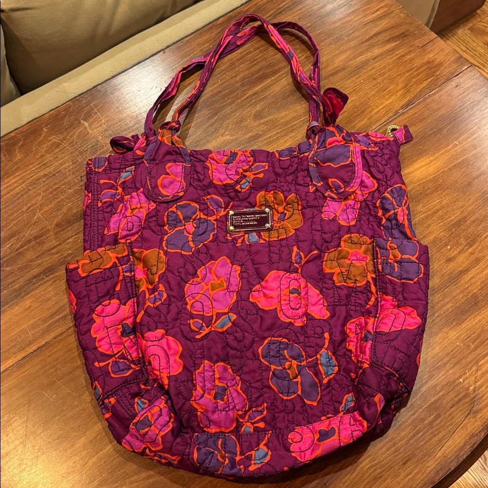 Marc Jacobs Floral Nylon Tote Zip Top Workwear Travel Quilted Purple Pink Purse